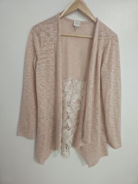 Cupio Anthropologie Women's Pink Lace-Back Floral Open Cardigan Size M